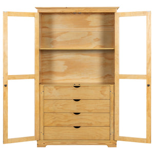 English Elm Topmax Solid Pine Pantry Cabinet with Glass Doors Four Drawers Farmhouse Storage Natural SP000086AAA