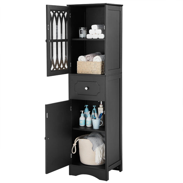 English Elm Tall Bathroom Cabinet Slim Freestanding Storage with Drawer & Doors, Adjustable Shelves, MDF Build Black WF289427AAB