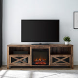 English Elm Walker Edison - Industrial Farmhouse Metal Mesh Drop-Down X-Door 70" Fireplace Tv Stand For 80" Tvs - Rustic Oak