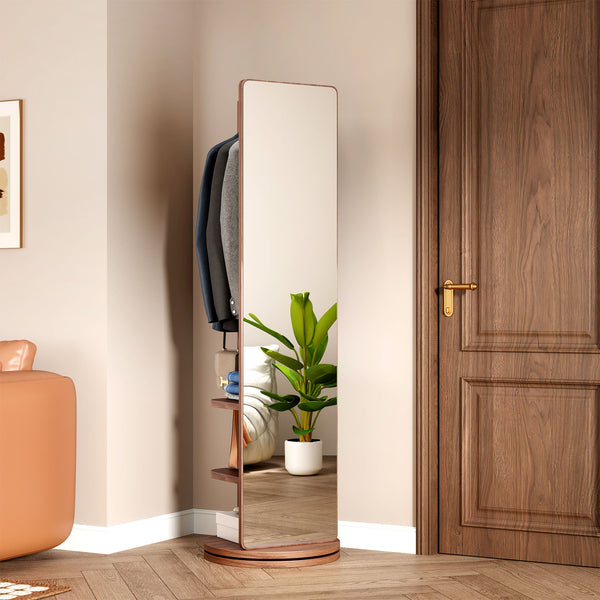 English Elm 360° Swivel Full Length Mirror with Coat Hooks Solid Rubberwood Frame Bedroom Entryway W2987P225479