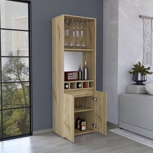 English Elm Bar Double Door Cabinet 70.8" High Light Oak Beige w/ 12-Glass Rack, 5 Bottle Cubbies & 2 Shelves B097S00154
