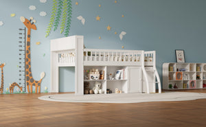 English Elm Full Size Kids Loft Bed with Led Headboard Open Shelving and Natural Wood Frame White N7090005024K