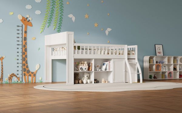 English Elm Full Size Kids Loft Bed with Led Headboard Open Shelving and Natural Wood Frame White N7090005024K