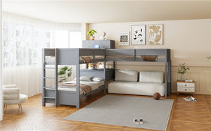 English Elm Twin L-shaped Bunk Bed Pine Wood Corner Design with Desk Drawers and Usb Charging Gray N820S00079E