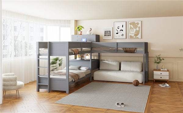 English Elm Twin L-shaped Bunk Bed Pine Wood Corner Design with Desk Drawers and Usb Charging Gray N820S00079E