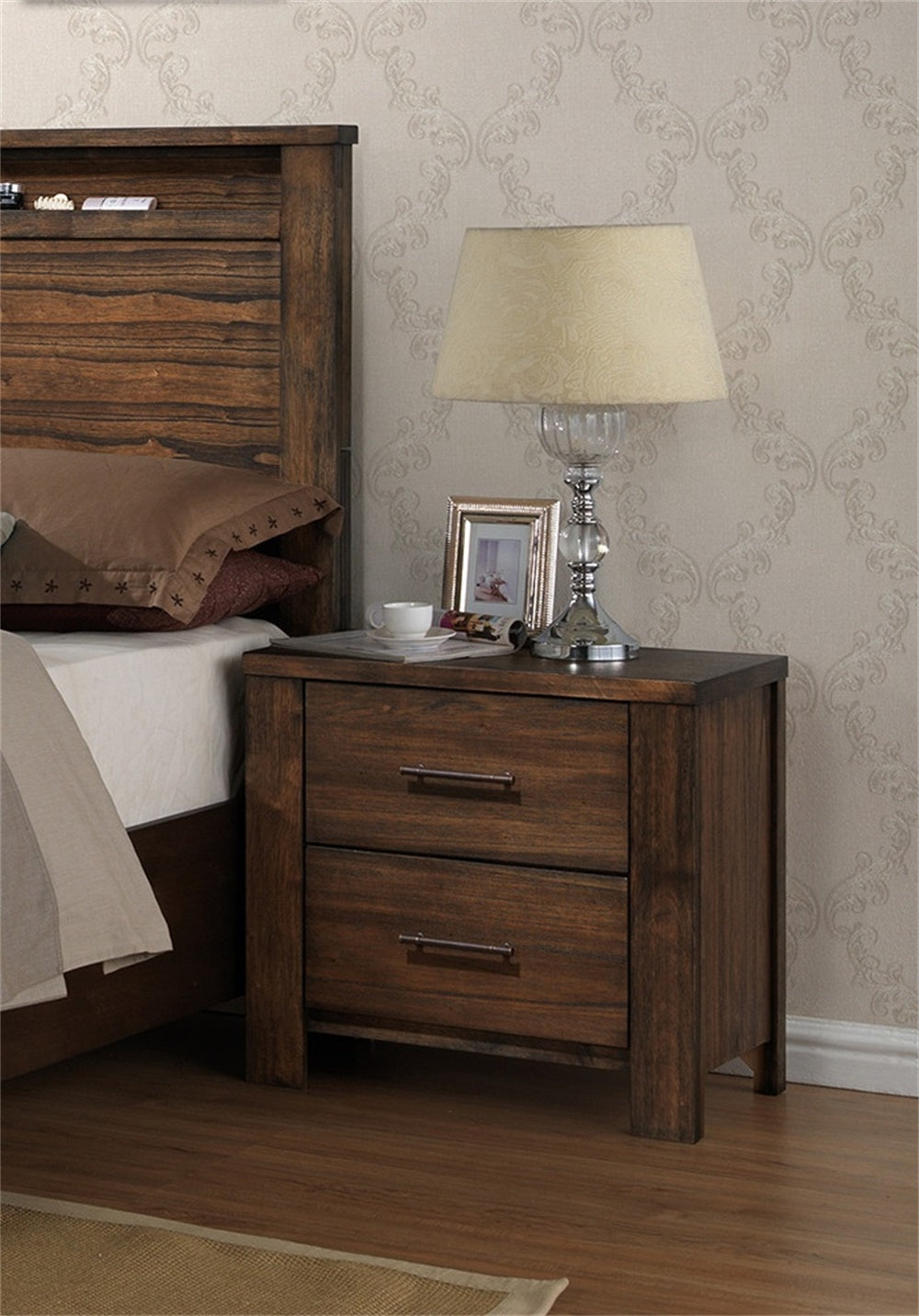 English Elm Wood Nightstand with 2 Drawers Brown Wood Finish, Contemporary Bedside Table, Durable Storage Piece SR014881