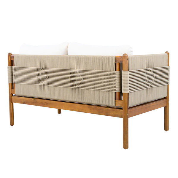 English Elm Outdoor Acacia Wood Loveseat Handwoven Rope Weave Patio Seating with Cushions Beige,Cream,Teak N768P361444T