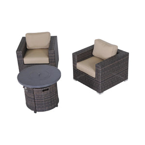 English Elm 3-Piece All-Weather Seating Group with 55,000 BTU Fire Pit, HDPE Wicker, 5" Cushions, Rustproof Frame B120S00086
