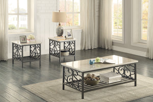 English Elm 3-Piece Fairhope Occasional Table Set with Faux Marble Tops, Black Metal Scrollwork, Living Room Chic B011P289731