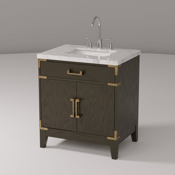 English Elm Brown Oak Single Bath Vanity With Carrara Marble Top, Chrome Faucet Set – Elegant Storage Solution! B2731P259758