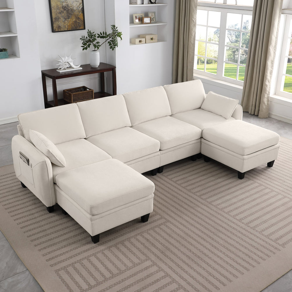 English Elm 102 Inch Linen Modular Sectional Sofa with Hidden Storage and Cloud Cushion Comfort Beige W1099S00208