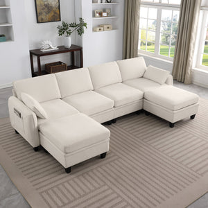 English Elm 102 Inch Linen Modular Sectional Sofa with Hidden Storage and Cloud Cushion Comfort Beige W1099S00208