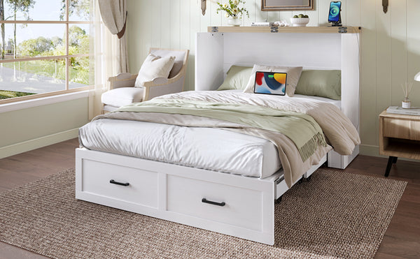 English Elm Murphy Full-Size Cabinet Bed with Built-In Charging Station, Storage Drawer & 700lb Capacity Comfort White 52.5 L x 26 W x 5.5 H N733S293995W