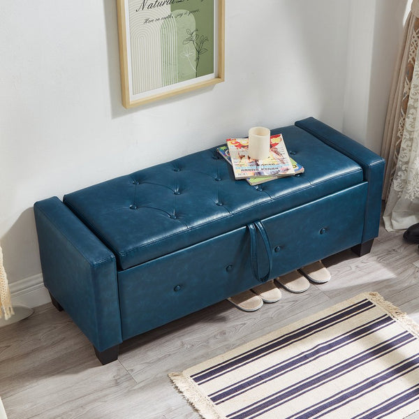 English Elm 48" Storage Ottoman Bench with Tufted Faux Leather Upholstery, Solid Wood Frame & 300lb Capacity Blue W1097P338780