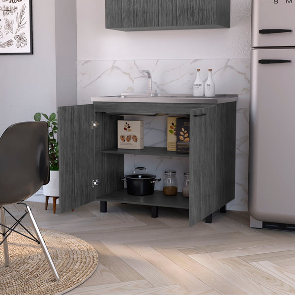 English Elm Fm Furniture Haivana Matte Black Utility Sink Cabinet with Double Doors and Storage Shelf B128S00059