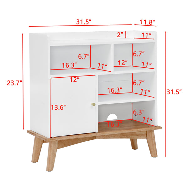 English Elm Colorblocking Oak Natural Wood + Off White Storage Cabinet with Solid Wood Base, 5 Shelves & Outlet W1801P195703