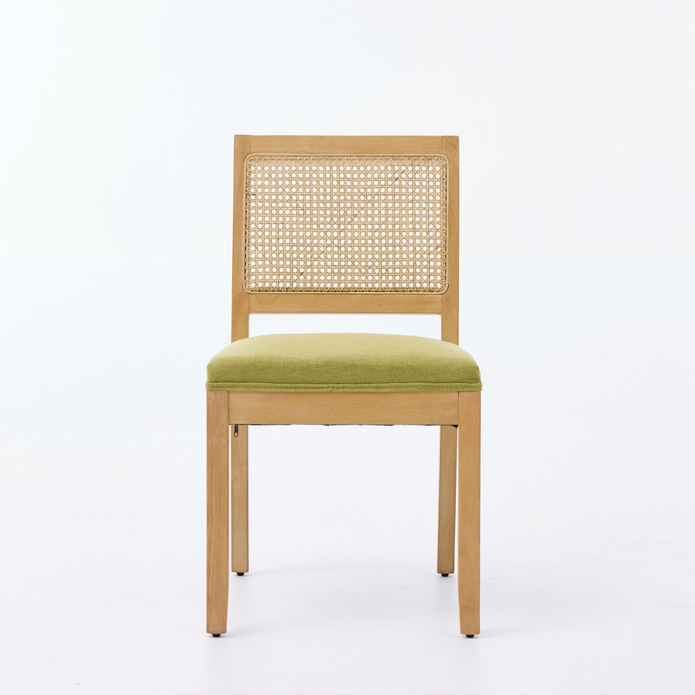 English Elm Farmhouse Rattan Back Dining Chairs Set of 2 with Linen Seat and Hardwood Legs Olive Green W1143P452936