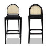 English Elm Panama 30.5" Curved Back Cane Rattan Bar Stool, Set Of 2, Ebony Black Boucle