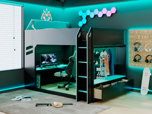 English Elm Full Size Loft Bed with Rgb Lighting Desk Drawers Hanging Rod Teen Bedroom Blue LT000288AAC-1