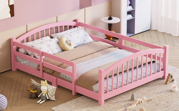 English Elm Full Montessori Pine Wood Floor Bed with Safety Rails Low Profile Kids Room Frame Pink N733P400299H