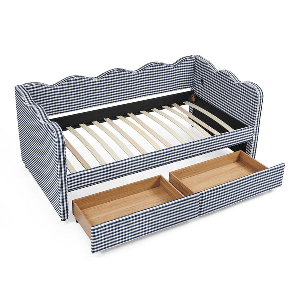 English Elm Twin Gingham Linen Daybed with Wave Silhouette Usb Port and Dual Storage Drawers Navy W1413S00144