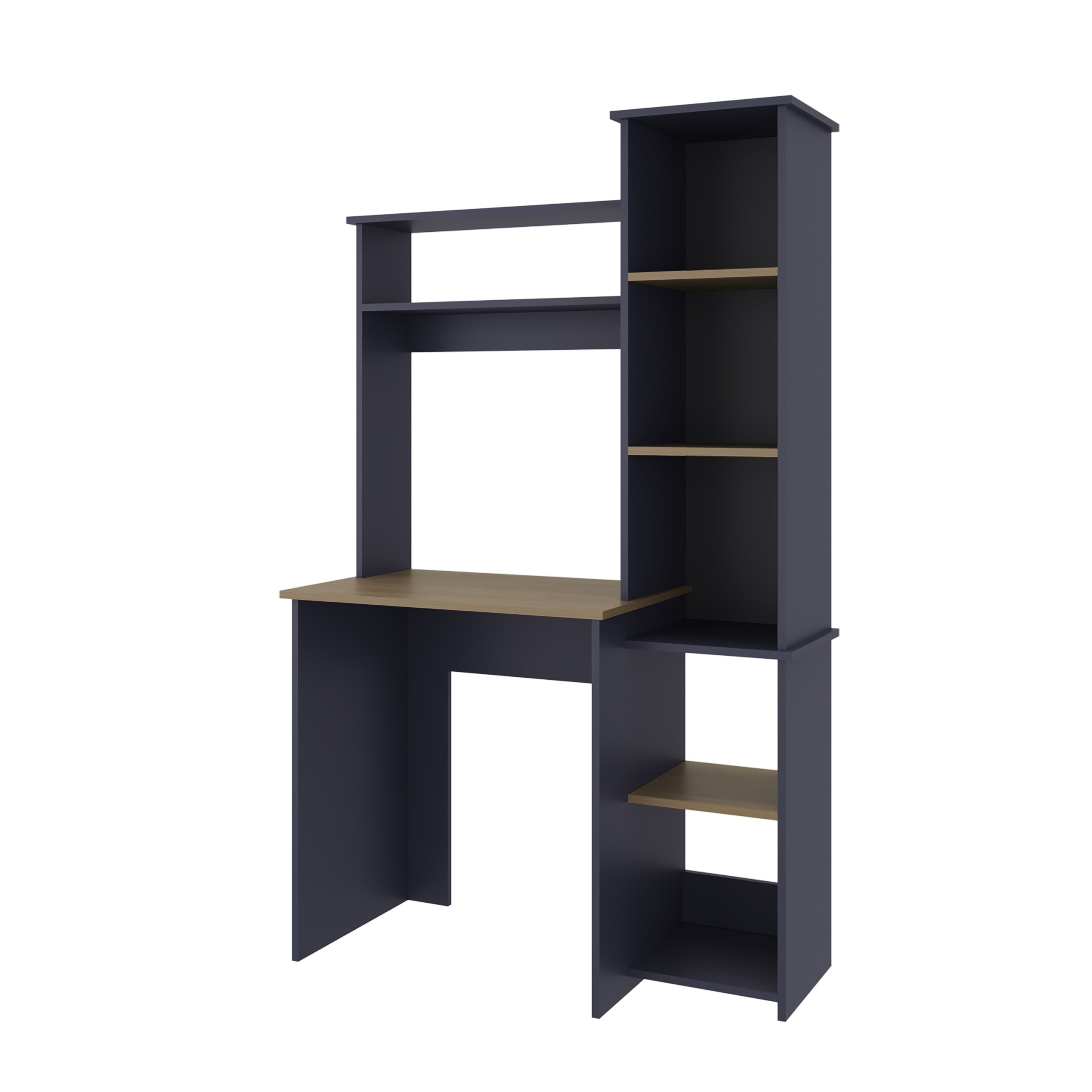 Computer Desk Kronos Blue & Natural Oak With Hutch And Side Bookshelf,