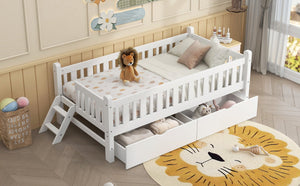 English Elm Wood Twin Platform Bed with Guardrail, Solid Pine Construction, 2 Underbed Drawers for Storage and Playroom Space White N709P242145K