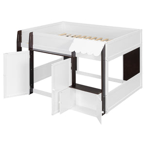 English Elm Twin House Loft Bed with Pull Out Rolling Desk Stair Drawers and Cabinet Storage Espresso+White N820S00074P