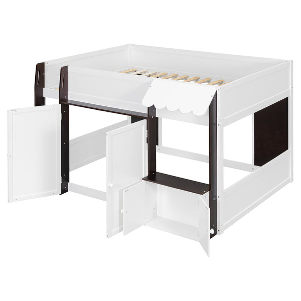 English Elm Twin House Loft Bed with Pull Out Rolling Desk Stair Drawers and Cabinet Storage Espresso+White N820S00074P