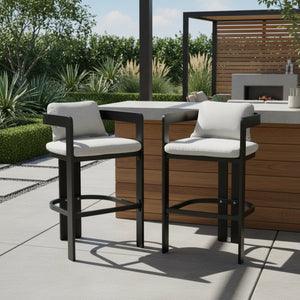 English Elm Christopher Knight Home® - Pula Weatherproof Aluminum Counter Stools Set of 2 — Black Frame, Grey Olefin Cushions, Ergonomic Bar Chairs N775P361567G