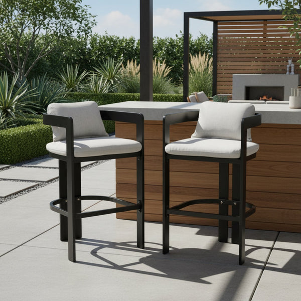 English Elm Christopher Knight Home® - Pula Weatherproof Aluminum Counter Stools Set of 2 — Black Frame, Grey Olefin Cushions, Ergonomic Bar Chairs N775P361567G