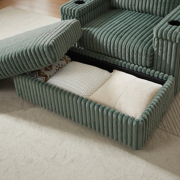 English Elm 84Inch Corduroy sofa with 3 back & 2 toss pillows, 2 ottomans, cup holders, deep seat, storage space W834S00550