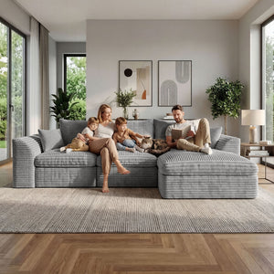 English Elm Modular Cloud Sectional Corduroy Sofa with Reversible Chaise and Memory Foam Comfort Grey W5638S00006