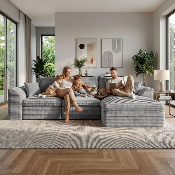 English Elm Modular Cloud Sectional Corduroy Sofa with Reversible Chaise and Memory Foam Comfort Grey W5638S00006