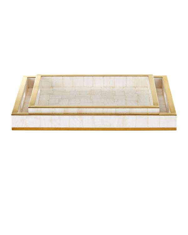 Currey & Company Casey Mother Of Pearl Tray Set - Elegant Decorative Trays With Gold Accents For Timeless Sophistication White Mother Of Pearl ,Stainless Steel ,Wood 1200-1021-currey-company