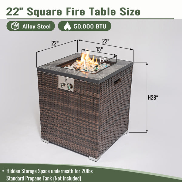 English Elm 24" 50000 BTU Propane Fire Pit Table with Windshield, Ceramic Tile Top, Wicker Base & Cover W85343026