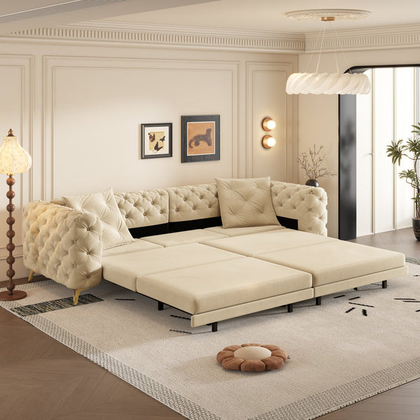 English Elm 97.6" Oversized Velvet Chesterfield Sleeper Sofa Floral Tufted Roll Arm Living Room Couch Apricot W1885S00298