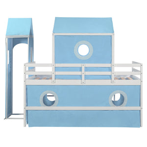 English Elm Twin Castle Loft Bed with Slide Tent and Tower Pinewood Playhouse Frame for Kids N708P249475C
