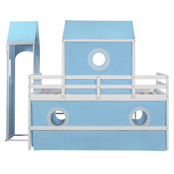 English Elm Twin Castle Loft Bed with Slide Tent and Tower Pinewood Playhouse Frame for Kids N708P249475C