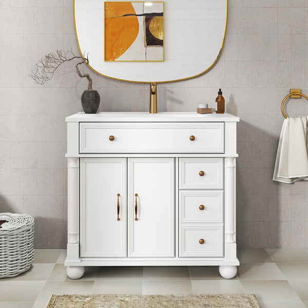 English Elm 35.6" Freestanding Bathroom Vanity with Roman Column Base and Ceramic Integrated Sink W1801S00009