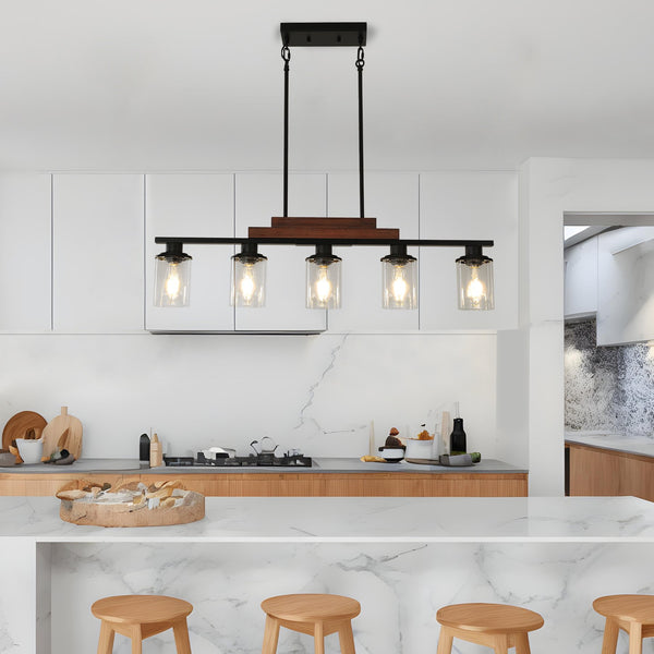 English Elm 37" Farmhouse Industrial 5-Light Pendant Light Walnut Black Metal Wood Chandelier with Clear Glass Shades, Adjustable Height for Kitchen Island Dining Room Living Room W2312P368680