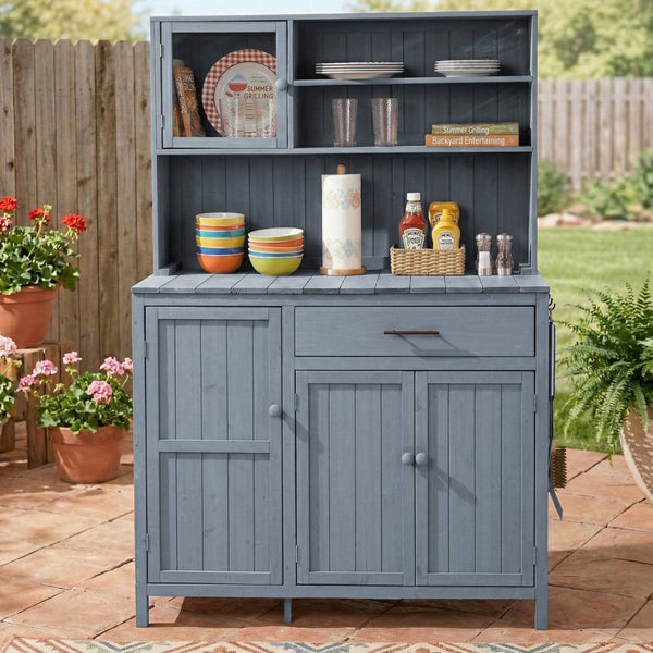English Elm (with Hutch) Topamx Solid Fir Potting Bench Patio Workstation Spice Rack Drawer Gray N717P404330E