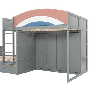 English Elm Full Size Offset Bunk Bed with Wardrobe Hanging Rod Drawers and Upholstered Rail Gray N820S00081E