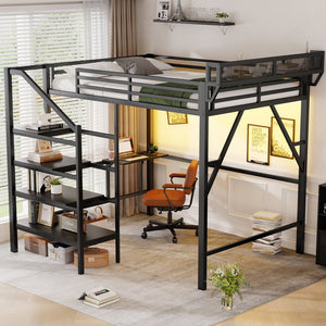 English Elm Queen Metal Loft Bed with Staircase Storage Foldable Desk and Built-in Charging W2580S00073