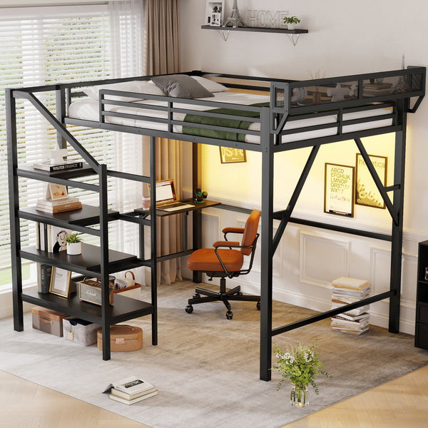 English Elm Queen Metal Loft Bed with Staircase Storage Foldable Desk and Built-in Charging W2580S00073