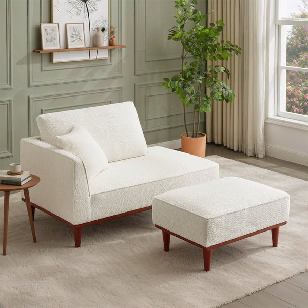 English Elm Indoor Boucle Chaise Lounge with Detachable Ottoman Convertible Daybed Bedroom Reading Nook White W5515P438681