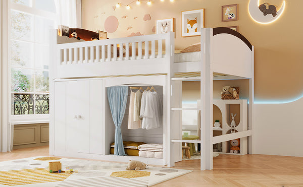 English Elm Twin Loft Bed with Wardrobe Cabinet Led Lighting and Pine Frame for Kids Rooms White N7090002236K