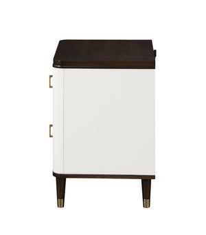 English Elm Modern White and Brown Nightstand with USB Port, 2 Drawers, Slatted Front, Metal-Tipped Legs, Durable Wood B2741P322565