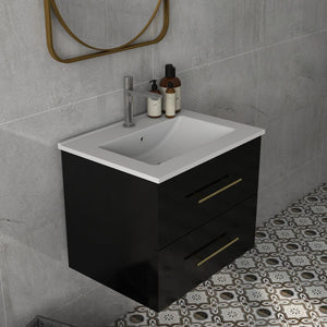 English Elm 24-Inch Wall-Mounted Bathroom Vanity With Ceramic Sink, Gold Handles & Double Drawers For Small Spaces W3151S00036