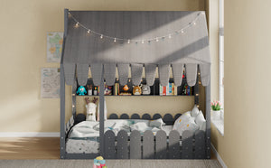 English Elm {slats Are Not Included} Twin Montessori House Floor Bed Kids Tent Lights Shelves Pinewood Frame Gray N708P407963E